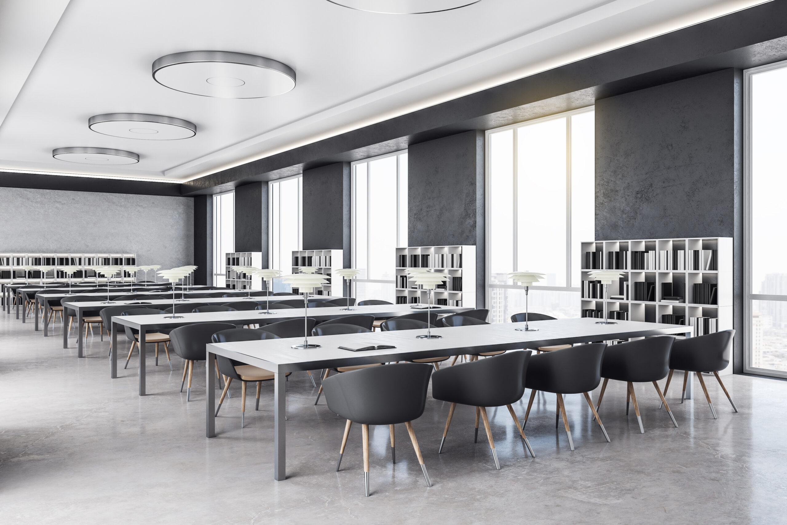 Side view of library interior with bookshelves and window with city. 3D Rendering